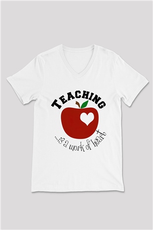 Öğretmen Beyaz Unisex V Yaka Tişört T-Shirt