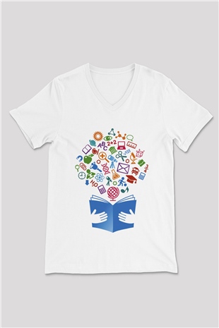Öğretmen Beyaz Unisex V Yaka Tişört T-Shirt
