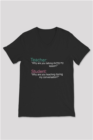 Öğretmen Siyah Unisex V Yaka Tişört T-Shirt