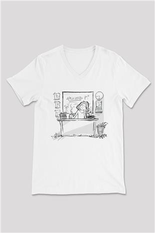 Öğretmenler Günü Baskılı Beyaz Unisex V Yaka Tişört - Tshirt