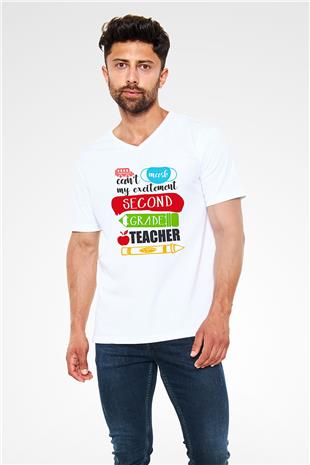 Öğretmenler Günü Baskılı Beyaz Unisex V Yaka Tişört - Tshirt