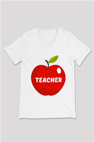 Öğretmenler Günü Baskılı Beyaz Unisex V Yaka Tişört - Tshirt