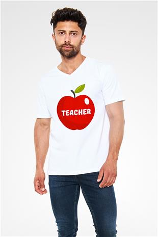 Öğretmenler Günü Baskılı Beyaz Unisex V Yaka Tişört - Tshirt