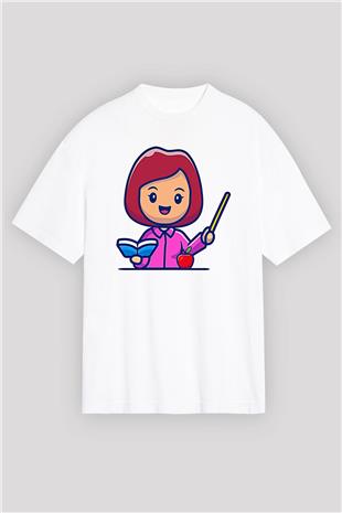 Öğretmenler Günü Baskılı Beyaz Unisex Oversize Tişört - Tshirt