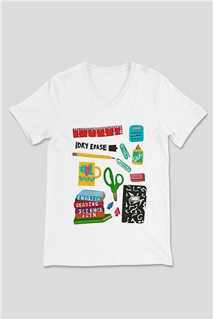 Öğretmenler Günü Baskılı Beyaz Unisex V Yaka Tişört - Tshirt