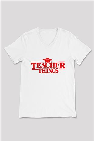 Öğretmenler Günü Baskılı Beyaz Unisex V Yaka Tişört - Tshirt