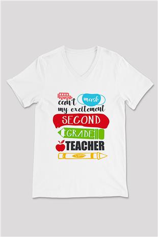 Öğretmenler Günü Baskılı Beyaz Unisex V Yaka Tişört - Tshirt