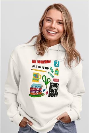 Öğretmenler Günü Baskılı Beyaz Unisex Kapüşonlu Sweatshirt