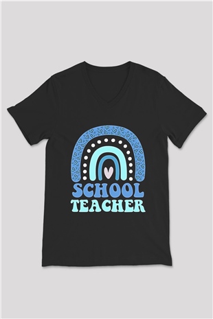 Öğretmenler Günü Baskılı Unisex Siyah V Yaka Tişört - Tshirt