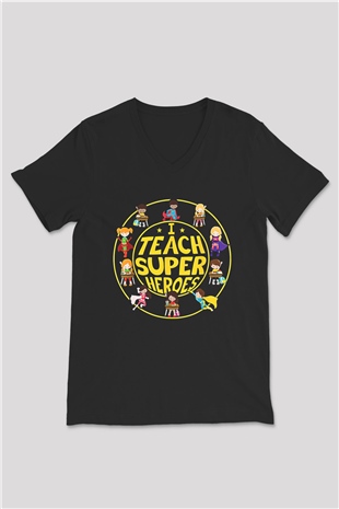 Öğretmenler Günü Baskılı Unisex Siyah V Yaka Tişört - Tshirt
