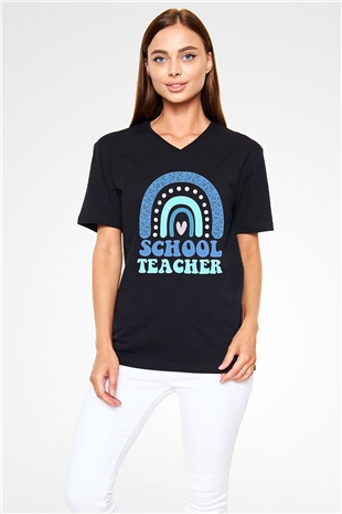 Öğretmenler Günü Baskılı Unisex Siyah V Yaka Tişört - Tshirt
