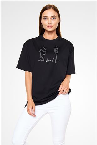 Okçuluk - Archery Baskılı Unisex Siyah Oversize Tişört