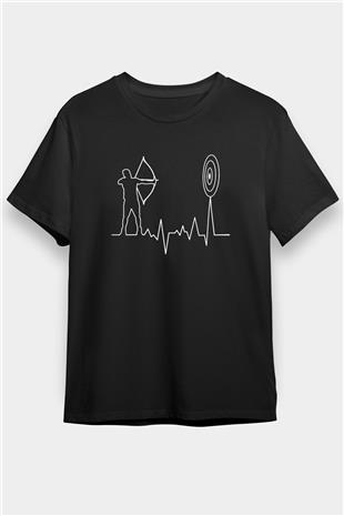 Okçuluk - Archery Baskılı Unisex Siyah Tişört - Tshirt