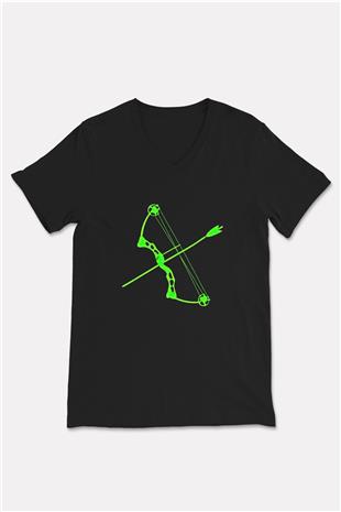 Okçuluk - Archery Baskılı Unisex Siyah V Yaka Tişört