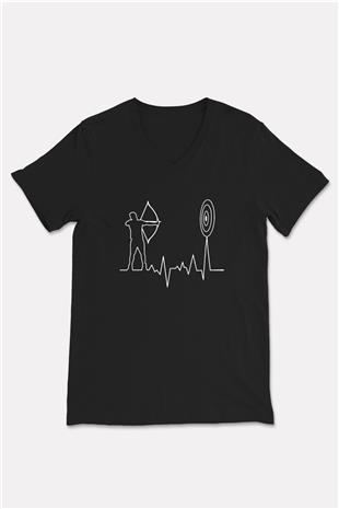 Okçuluk - Archery Baskılı Unisex Siyah V Yaka Tişört
