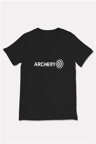 Okçuluk - Archery Baskılı Unisex Siyah V Yaka Tişört