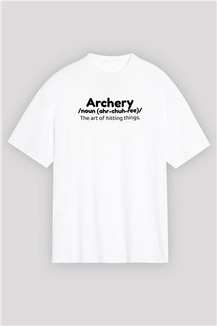 Okçuluk Baskılı Unisex Beyaz Oversize Tişört - Tshirt