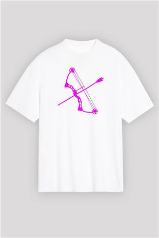 Okçuluk Baskılı Unisex Beyaz Oversize Tişört - Tshirt