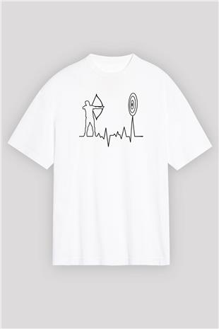 Okçuluk Baskılı Unisex Beyaz Oversize Tişört - Tshirt