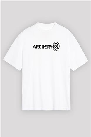 Okçuluk Baskılı Unisex Beyaz Oversize Tişört - Tshirt