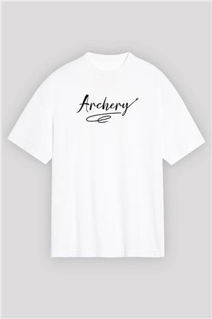 Okçuluk Baskılı Unisex Beyaz Oversize Tişört - Tshirt
