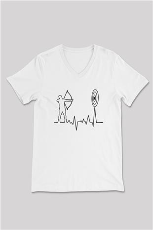 Okçuluk Baskılı Unisex V Yaka Tişört - Tshirt
