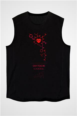 Oksitosin Molekülü Baskılı Unisex Kolsuz Siyah Tişört - Tshirt