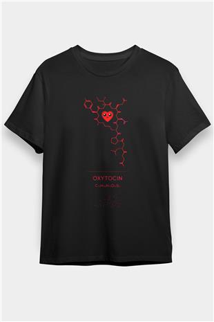 Oksitosin Molekülü Baskılı Unisex Siyah Tişört - Tshirt