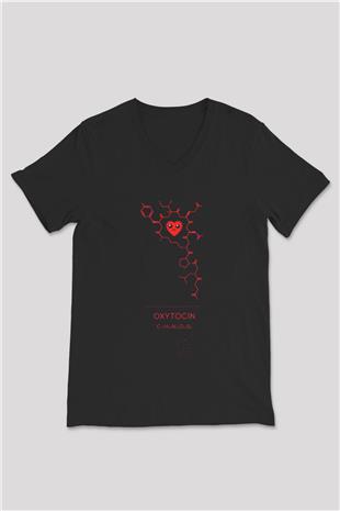 Oksitosin Molekülü Baskılı Unisex V Yaka Siyah Tİşört - Tshirt
