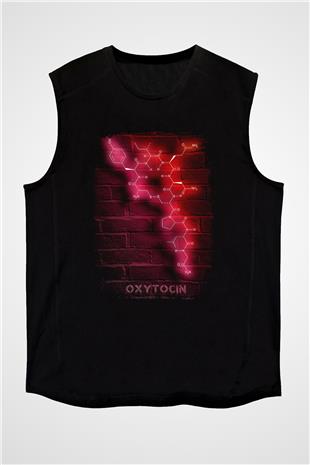 Oksitosin Molekülü Neon Baskılı Unisex Kolsuz Siyah Tişört - Tshirt