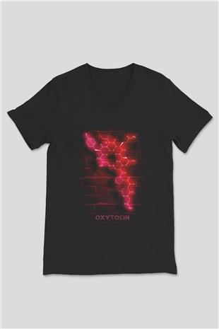 Oksitosin Molekülü Neon Baskılı Unisex V Yaka Siyah Tİşört - Tshirt