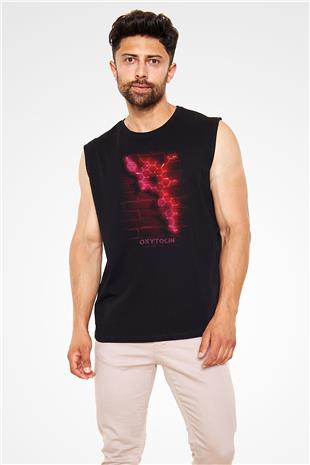 Oksitosin Molekülü Neon Baskılı Unisex Kolsuz Siyah Tişört - Tshirt