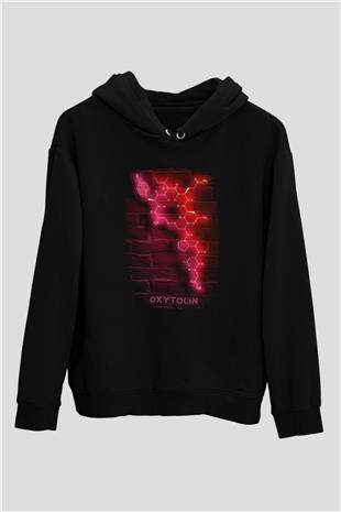Oksitosin Molekülü Neon Baskılı Unisex Siyah Kapüşonlu Sweatshirt