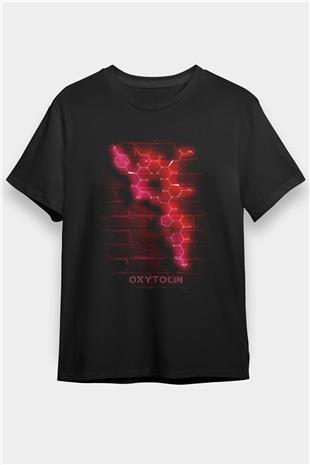 Oksitosin Molekülü Neon Baskılı Unisex Siyah Tişört - Tshirt
