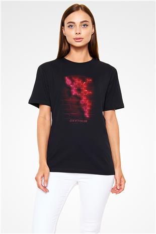 Oksitosin Molekülü Neon Baskılı Unisex Siyah Tişört - Tshirt