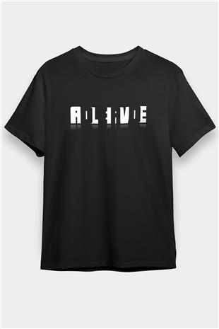 Ölü Canlı Süperpozisyon Baskılı Unisex Siyah Tişört - Tshirt