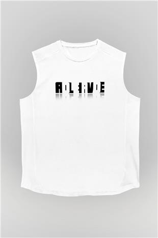 Ölü Canlı Süperpozisyon Baskılı Unisex Kolsuz Beyaz Tişört - Tshirt