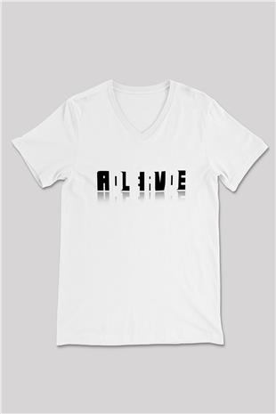 Ölü Canlı Süperpozisyon Baskılı Unisex V Yaka Beyaz Tişört - Tshirt