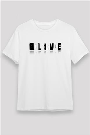 Ölü Canlı Süperpozisyon Baskılı Unisex Beyaz Tişört - Tshirt