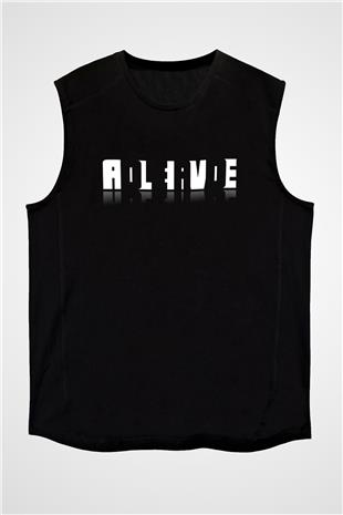 Ölü Canlı Süperpozisyon Baskılı Unisex Kolsuz Siyah Tişört - Tshirt