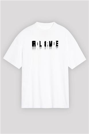Ölü Canlı Süperpozisyon Baskılı Unisex Oversize Beyaz Tişört - Tshirt