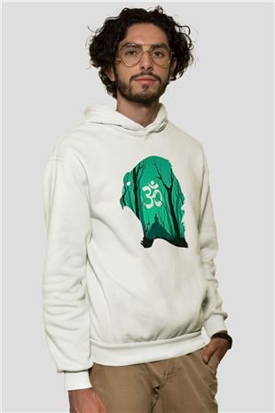 Om Baskılı Beyaz Unisex Kapüşonlu Sweatshirt