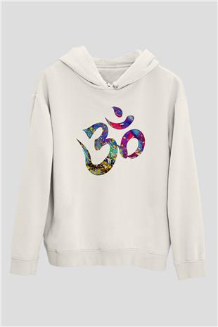 Om Baskılı Beyaz Unisex Kapüşonlu Sweatshirt