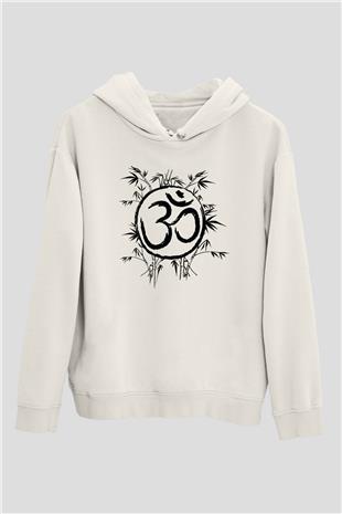 Om Baskılı Beyaz Unisex Kapüşonlu Sweatshirt