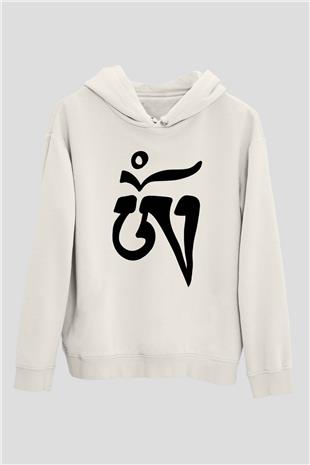 Om Baskılı Beyaz Unisex Kapüşonlu Sweatshirt
