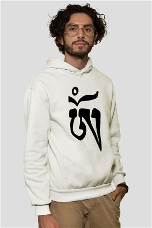 Om Baskılı Beyaz Unisex Kapüşonlu Sweatshirt