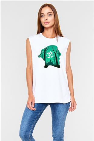 Om Baskılı Beyaz Unisex Kolsuz Tişört - Tshirt
