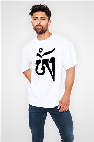 Om Baskılı Beyaz Unisex Oversize Tişört - Tshirt