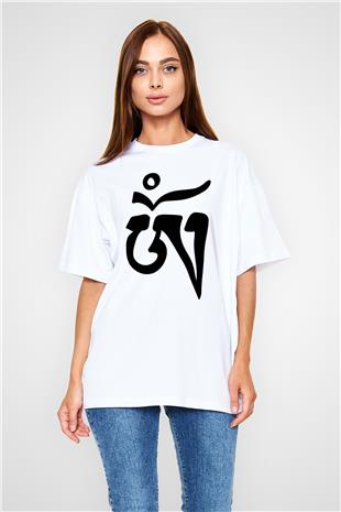 Om Baskılı Beyaz Unisex Oversize Tişört - Tshirt