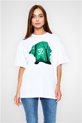 Om Baskılı Beyaz Unisex Oversize Tişört - Tshirt